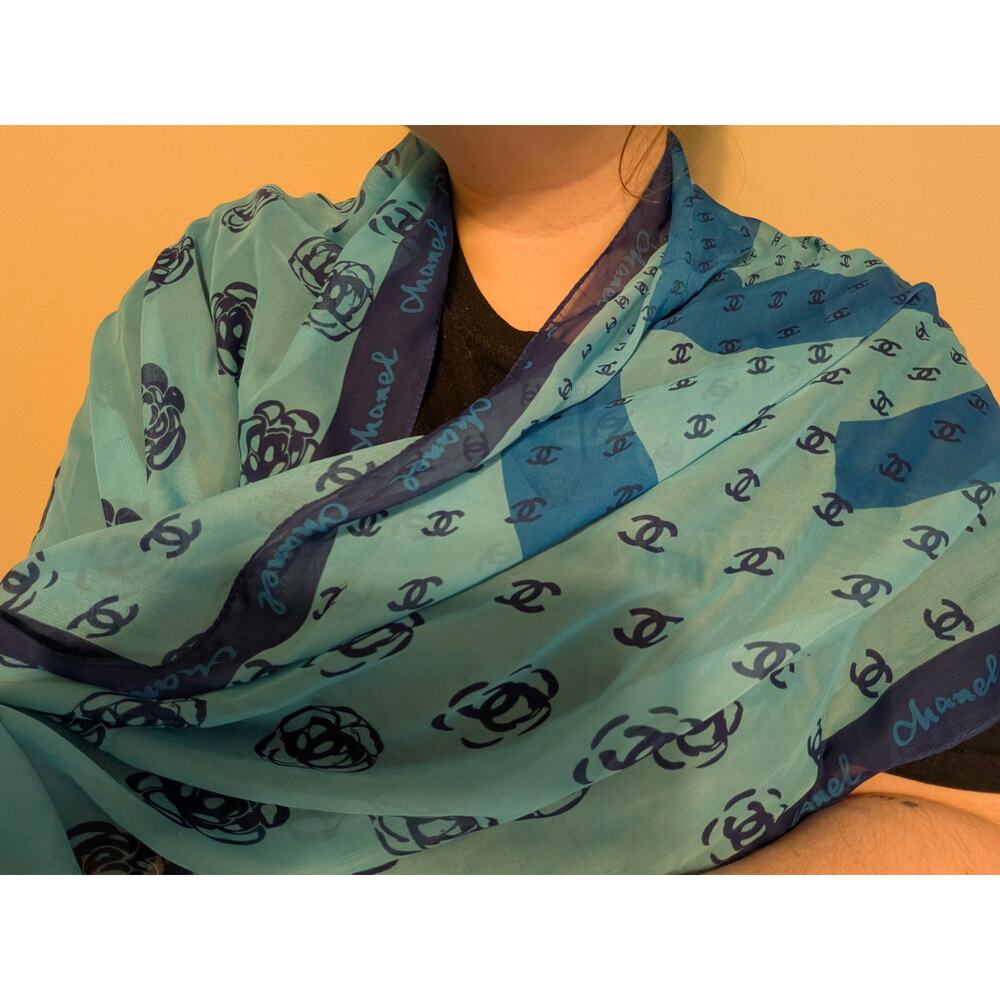 Chanel Paris CC Logo Silk Stole In Blue & Turquoise